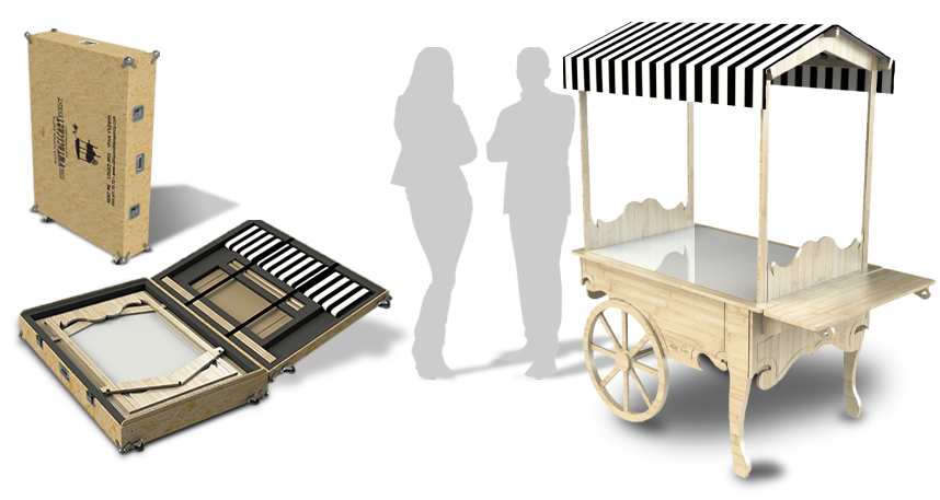 The only collapsible vintage wooden cart for rental or purchase.